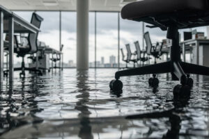 Chairs and desks in flooded office building