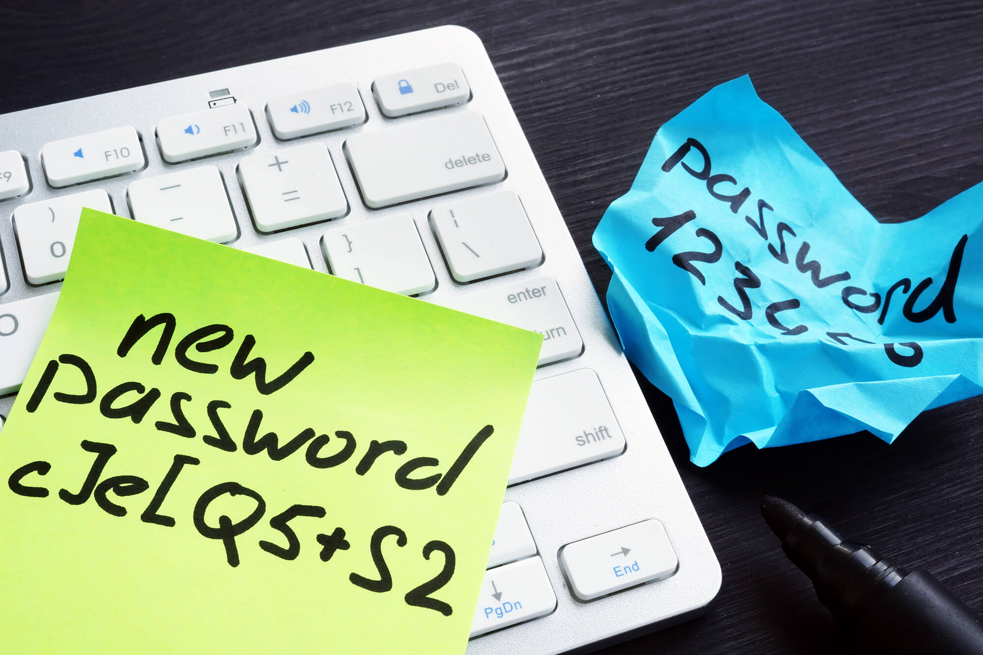 White computer keyboard with passwords written on sheets of paper