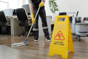 Person mopping office floor with “caution wet floor” sign displayed